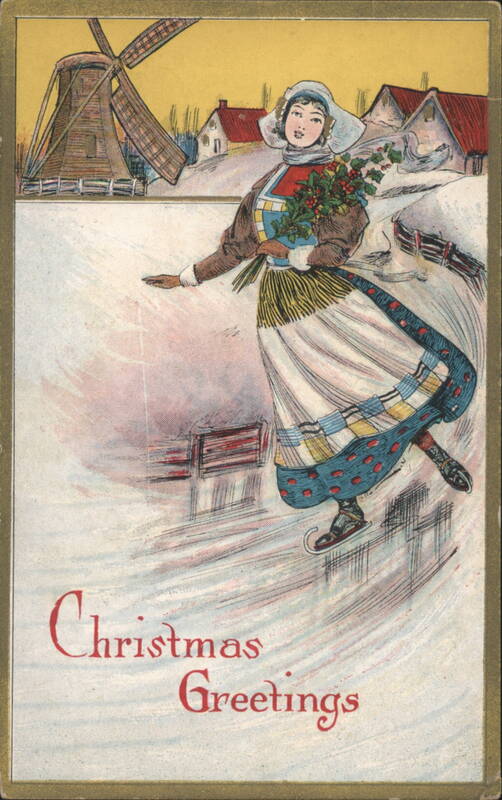 Dutch Woman Ice Skating by Windmill, Christmas Greetings