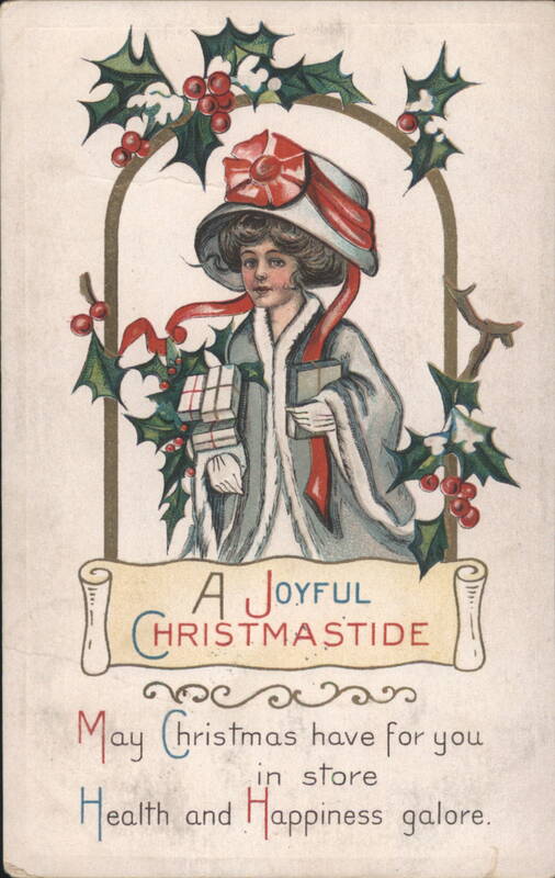 Woman in Festive Hat & Fur Coat with Gifts, Holly Arch, Christmastide Greeting