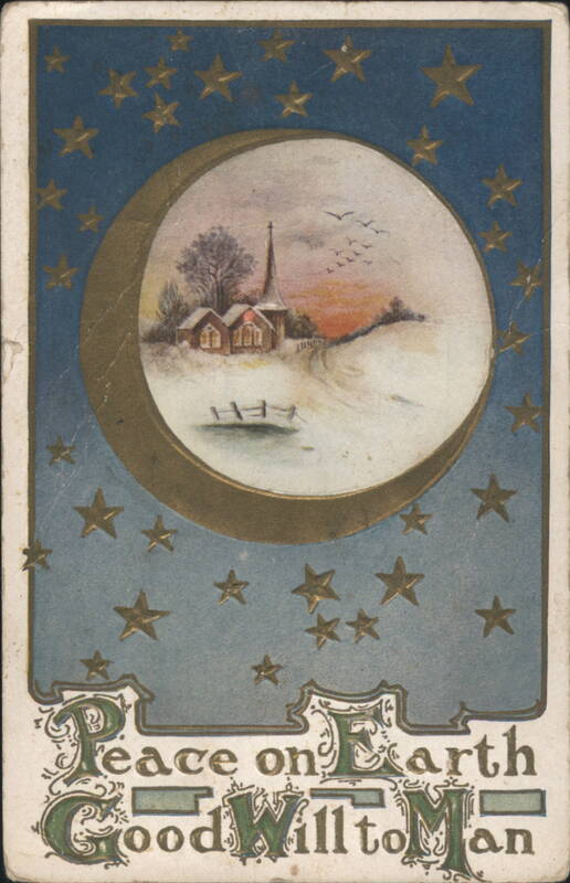 Christmas Winter Scene with Church in Crescent Moon, Peace on Earth Greeting