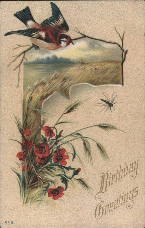 Birthday Greetings: Bird Flying Over Wheat Field with Red Flowers