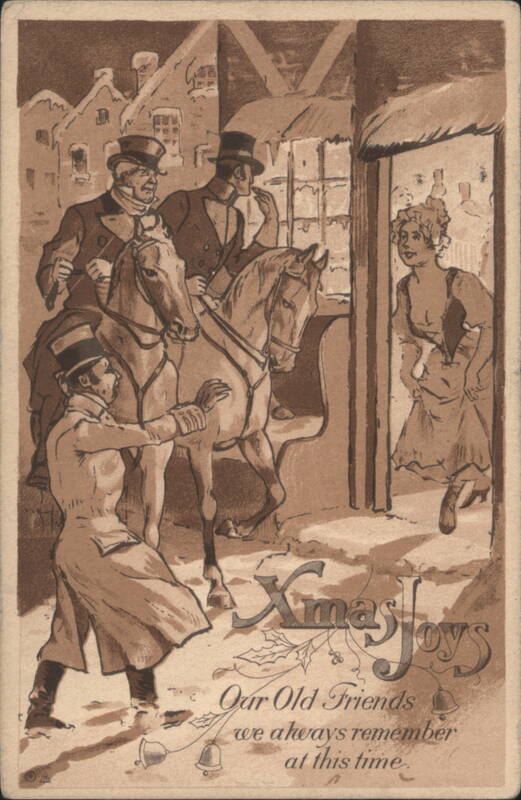 Xmas Joys: Men on Horseback Deliver Gifts to Woman at Doorway