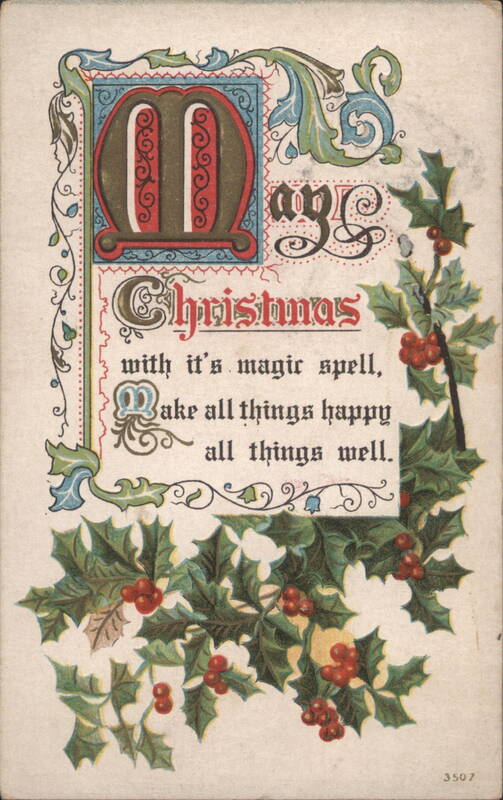 Christmas Holly with Decorative Initial E and Festive Poem