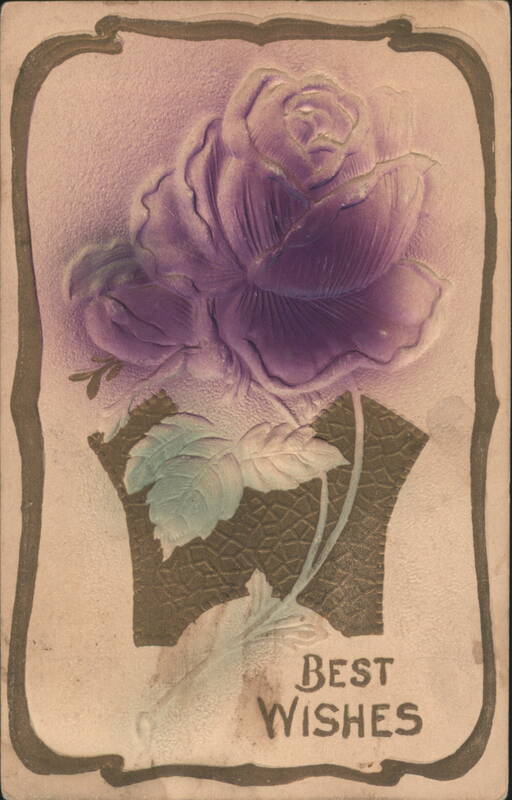 Embossed Purple Rose with Green Leaves and 'Best Wishes' Greeting