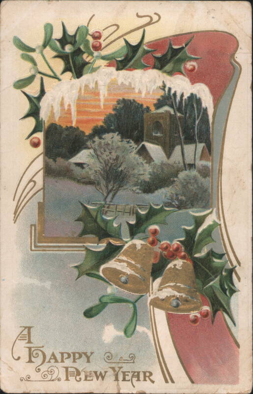 New Year's Greeting with Snowy Church, Holly, and Bells
