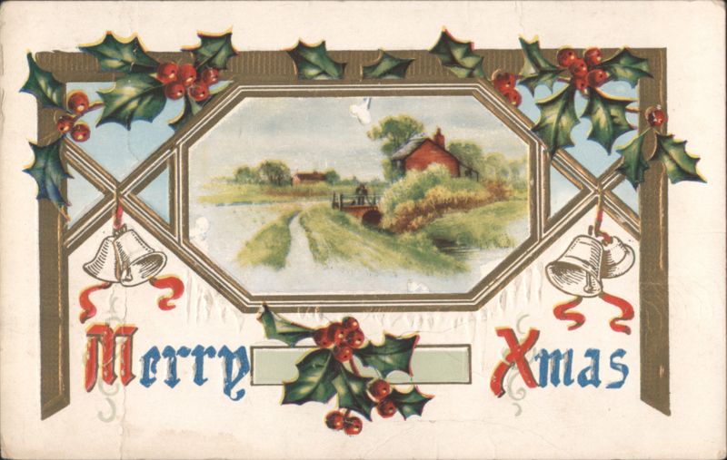 Merry Xmas Holly Berries Bells Framed Landscape Scene