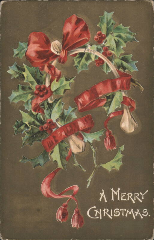 A Merry Christmas Holly Wreath with Red Ribbons & Berries, 1908