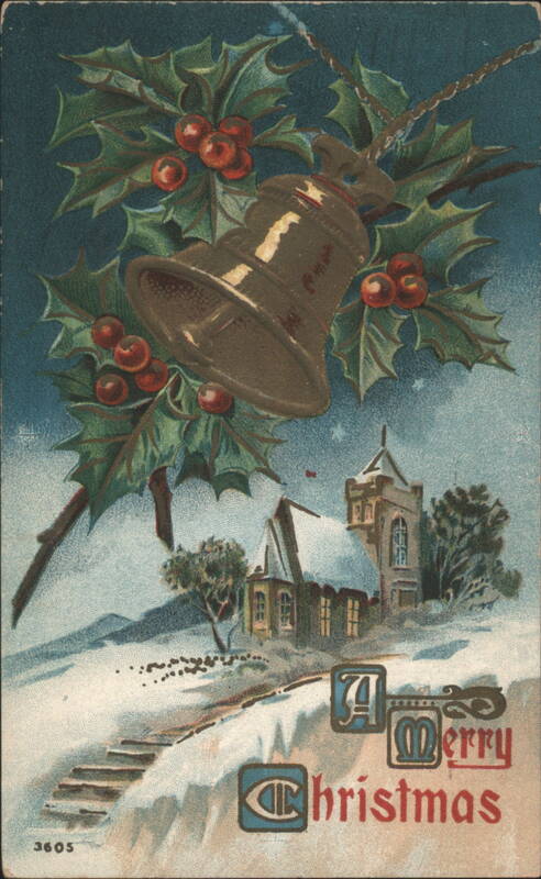 Christmas Bell & Holly with Snowy Church, Merry Christmas Greeting