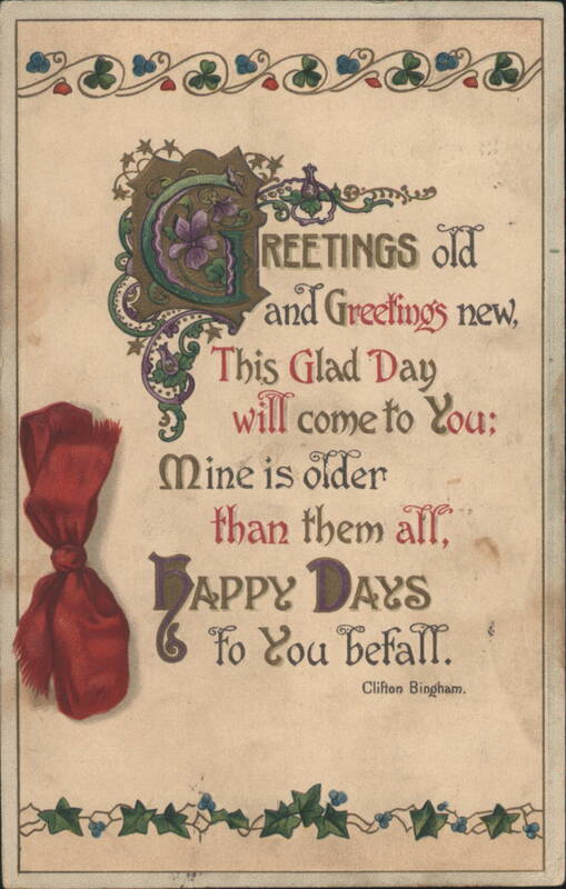 Glad Day Poem with Red Ribbon & Shamrocks by Clifton Bingham
