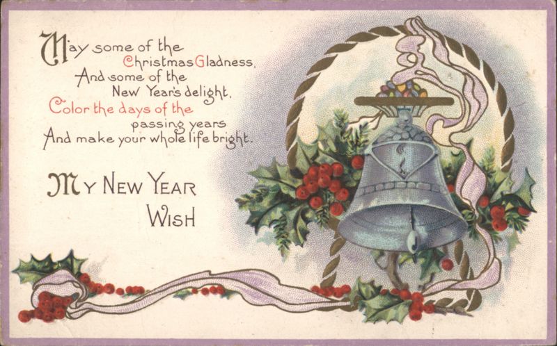 New Year's Wish with Christmas Bell, Holly, and Ribbons