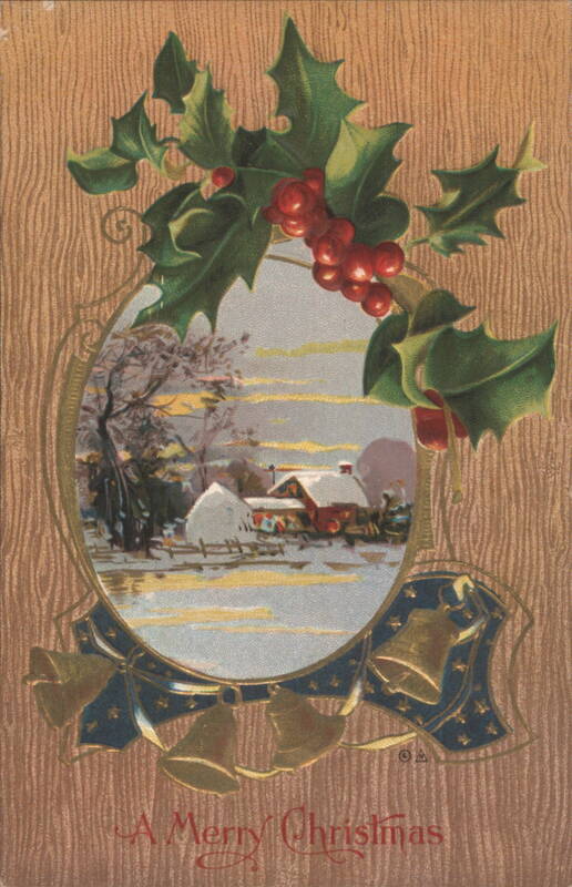 Merry Christmas Holly & Bells, Snowy Winter Landscape with House