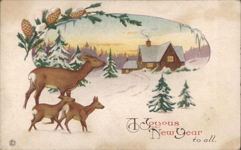 Deer Family in Snowy Winter Landscape, Joyous New Year Greeting