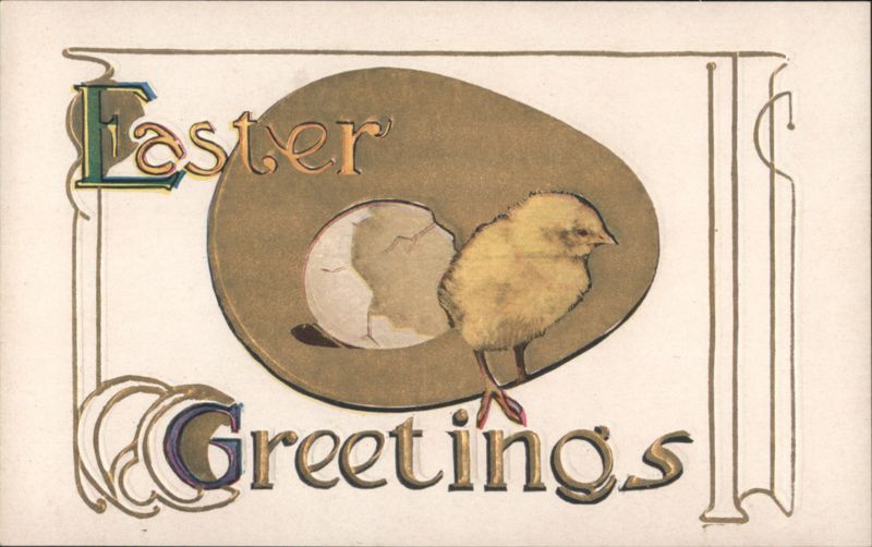 Easter Greetings with Chick and Cracked Egg Illustration