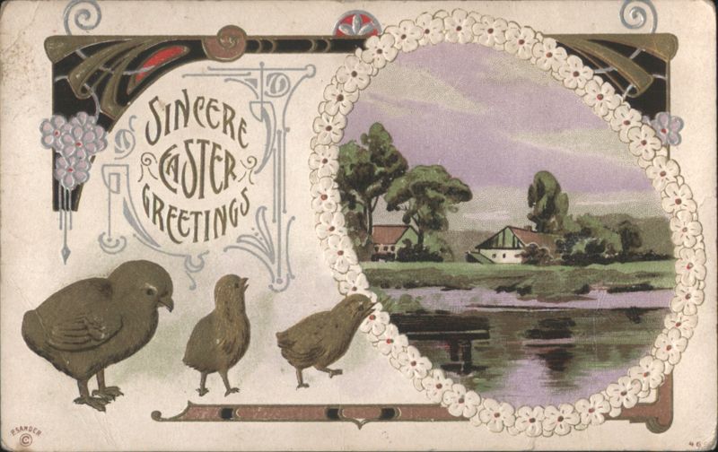 Sincere Easter Greetings with Chicks, Rural Landscape, Art Nouveau
