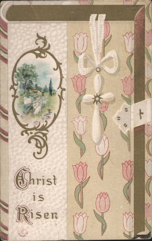 Christ is Risen Easter Greeting with Cross, Lambs, and Tulips
