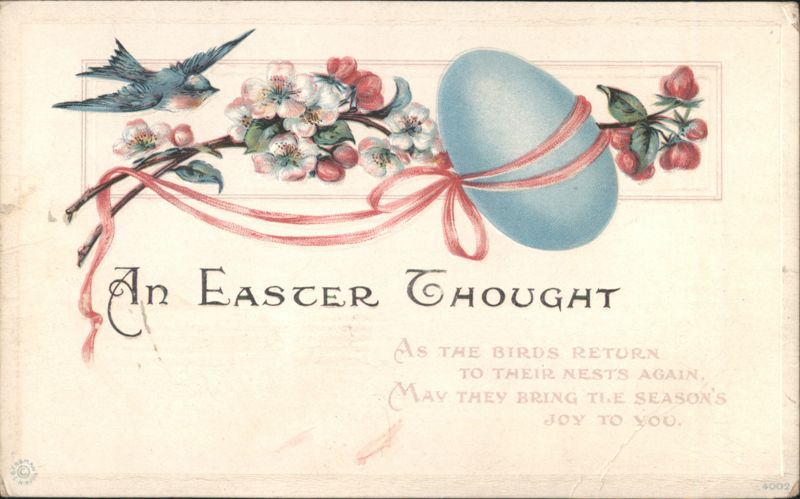 An Easter Thought with Blue Egg, Bird, and Cherry Blossoms