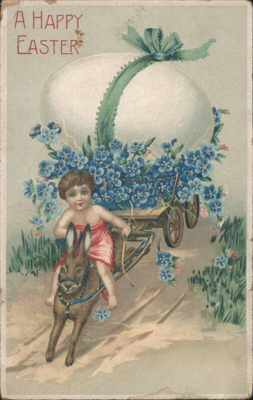 A Happy Easter Cherub Riding Rabbit Pulling Egg Cart with Forget-Me-Nots