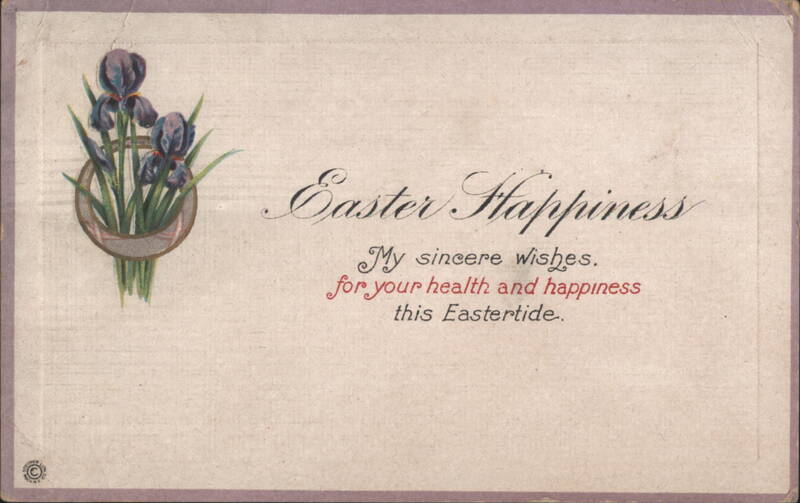 Easter Happiness Greeting with Purple Irises Flowers