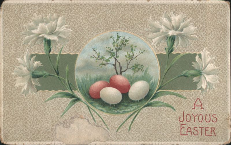 A Joyous Easter with White Carnations and Painted Eggs Illustration