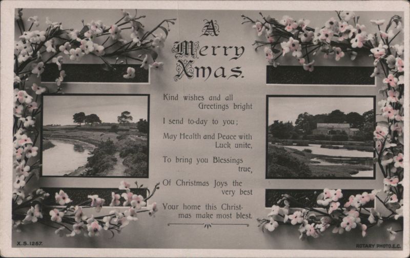 Merry Christmas Greeting with Floral Border and Scenic Landscape Insets