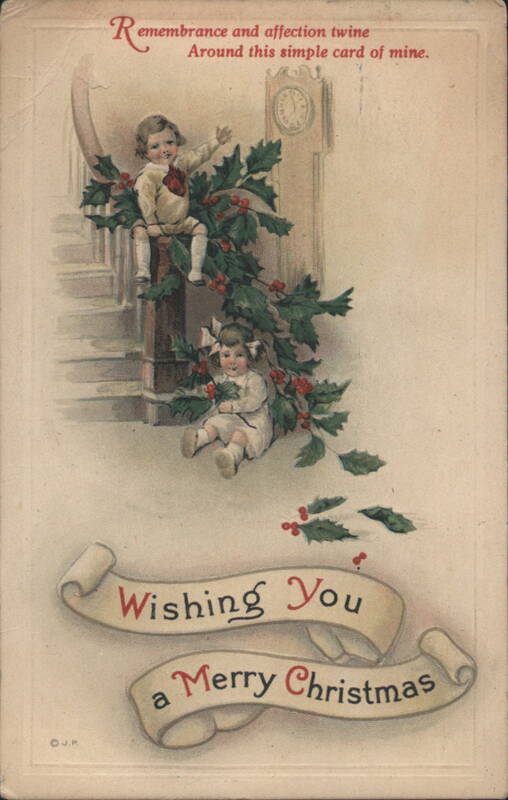 Christmas Greeting with Children and Holly on Staircase