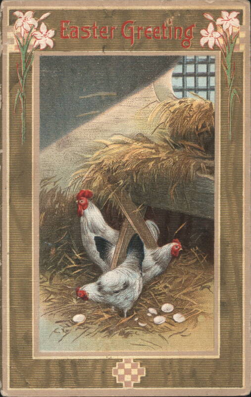 Easter Greeting with Chickens, Rooster, and Eggs in a Coop