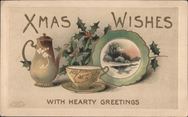 Xmas Wishes with Teapot, Teacup, Holly, and Winter Landscape Plate