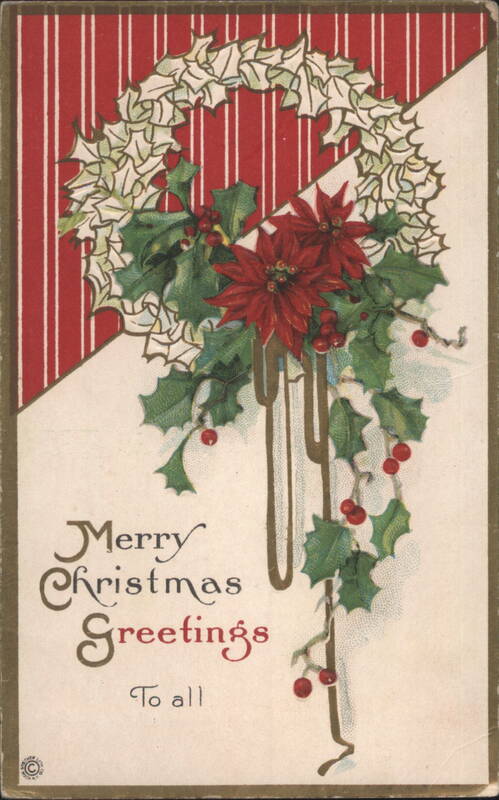 Merry Christmas Greetings with Holly Wreath and Poinsettias