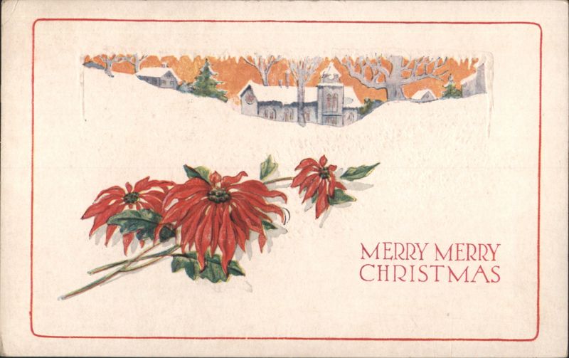 Poinsettias and Snow-Covered Village Christmas Greeting