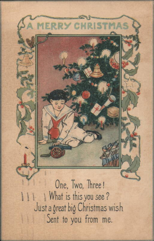Boy in Sailor Suit with Toy Cannon by Christmas Tree, A Merry Christmas