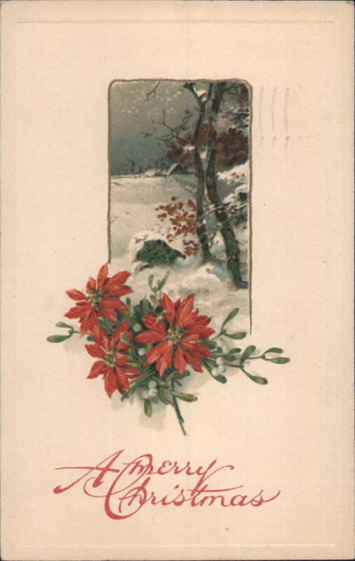Merry Christmas Poinsettias and Snow Scene
