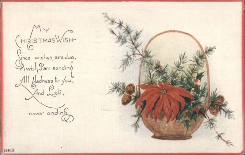 Christmas Wish with Poinsettia, Pine Branches & Basket