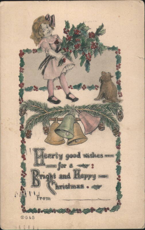 Girl with Holly, Dog & Bells, Bright & Happy Christmas Wishes