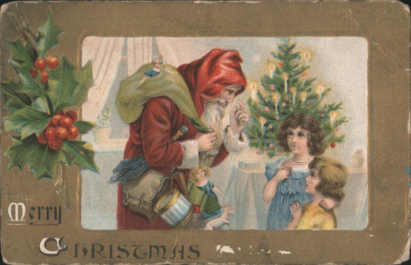Santa Claus with Girls & Christmas Tree, Holly, Merry Christmas