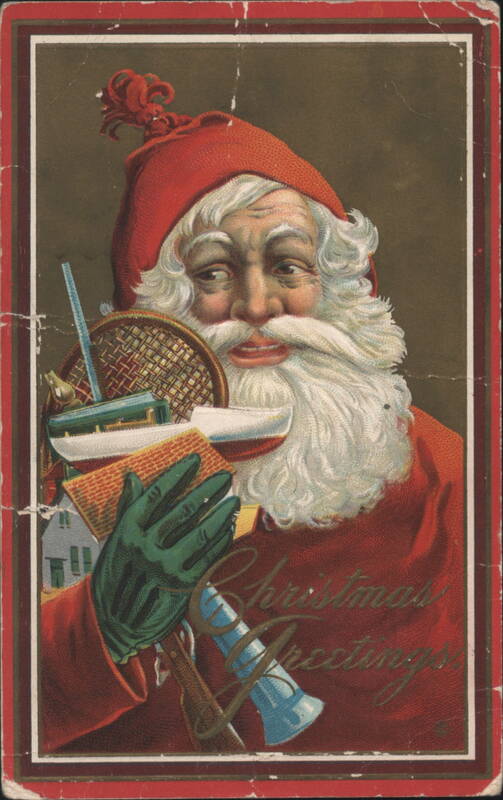 Santa Claus with White Beard & Green Gloves, Christmas Gifts & Toys