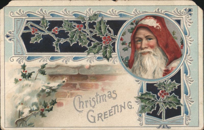 Santa Claus Christmas Greeting with Holly and Snowy Chimney Scene