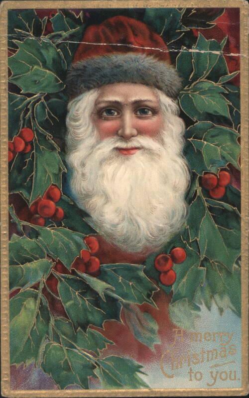 Santa Claus with White Beard, Red Hat, Holly & Berries for Christmas