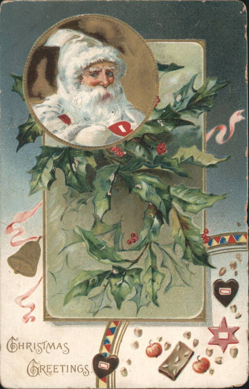 Santa Claus with Holly, Berries, Bell, and Christmas Greetings