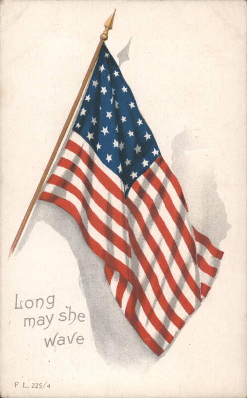Waving American Flag with 'Long May She Wave' Patriotic Sentiment