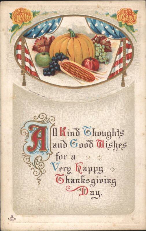 Thanksgiving Greeting with Harvest, American Flags, and Chrysanthemums