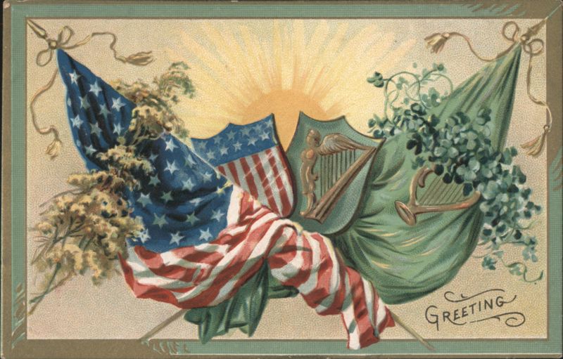 American Flags & Irish Harp with Shamrocks GREETING