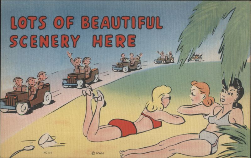 Comic Soldiers Admiring Beach Scenery and Women in Swimsuits