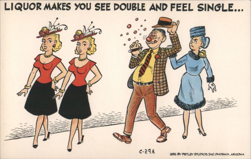 Liquor Makes You See Double and Feel Single Humorous Illustration