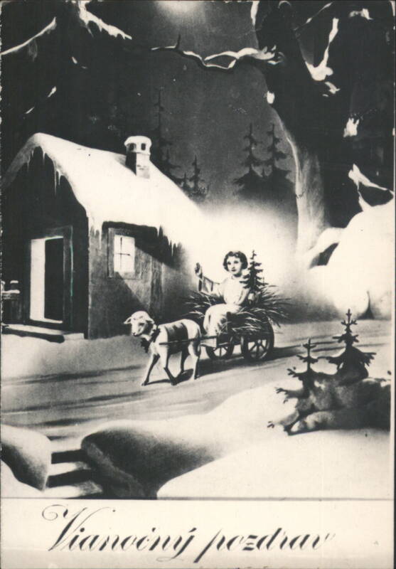 Slovak Christmas Greeting with Child, Goat, and Snowy Cabin Scene