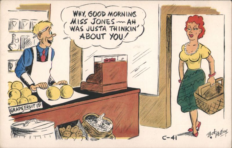 Comic Grocer Flirts with Miss Jones, Justa Thinkin' About You!