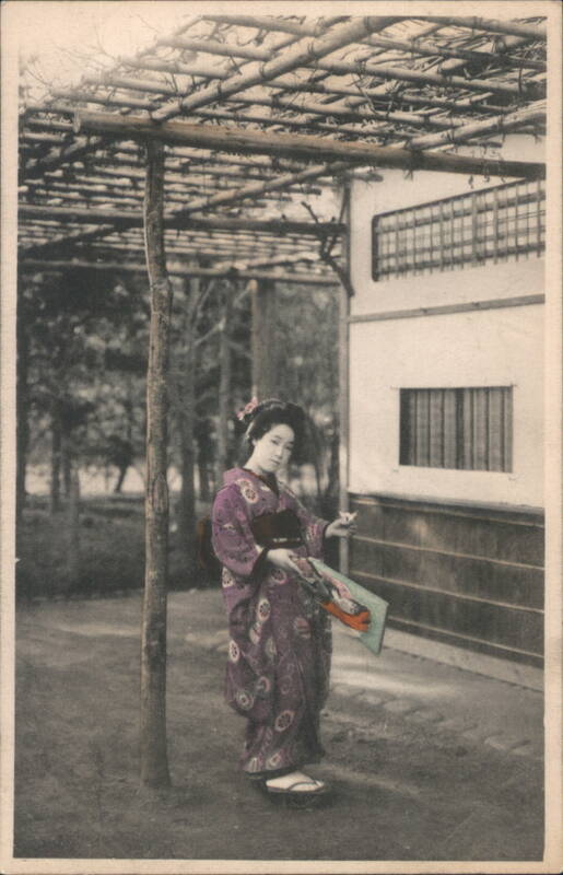 Japanese Woman in Kimono under Bamboo Trellis, Tokyo