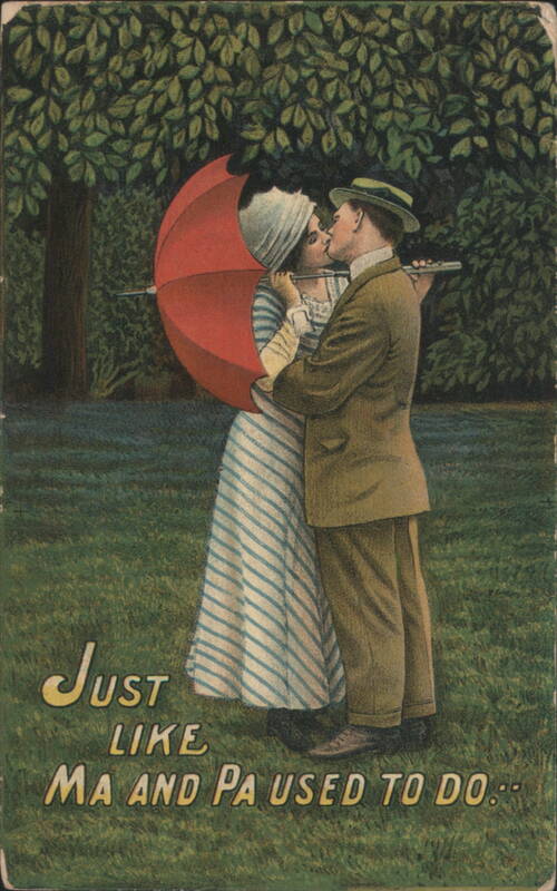 Couple Kissing Under Red Umbrella 'Just Like Ma and Pa Used to Do'