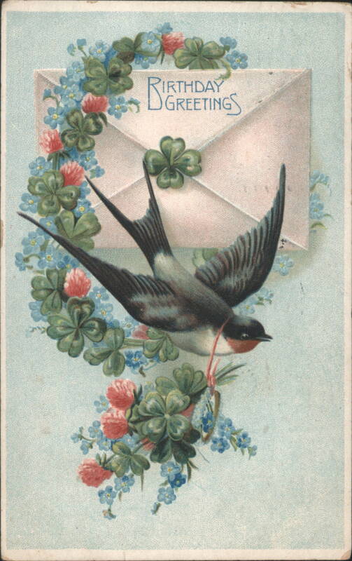 Birthday Greetings with Swallow, Clover, and Forget-Me-Nots, 1909
