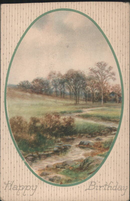 Happy Birthday Landscape with Stream & Trees, Oval Illustration