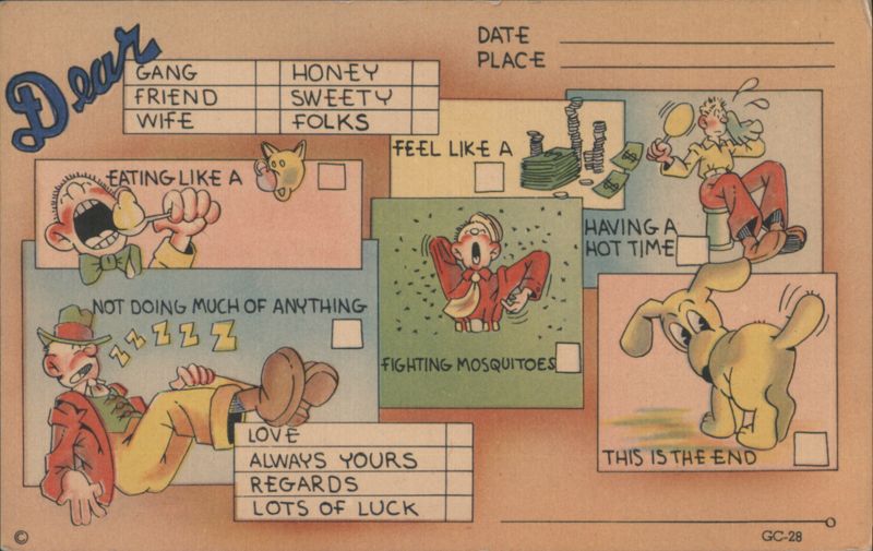 Too Busy to Write Checkbox Postcard with Comic Scenes