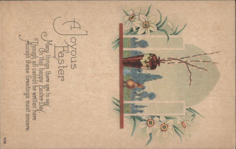 A Joyous Easter Greeting with Daffodils, Vase, and Chick Poem